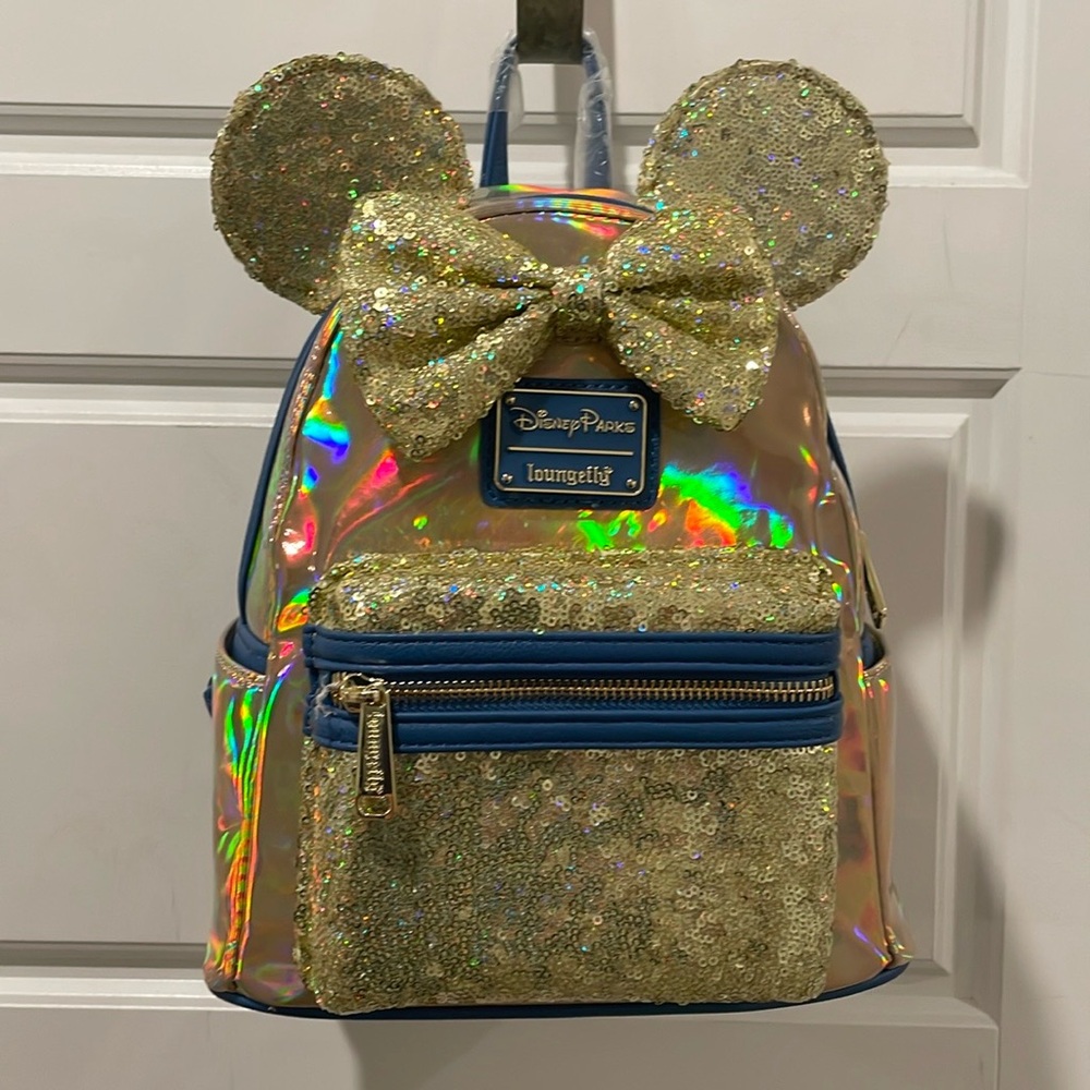Disney Loungefly 50th Anniversary Minnie Gold Navy Iridescent Shimmer Backpack